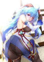 Rule 34 | 1girl, against wall, ahoge, ass, back, backless outfit, black gloves, black legwear, black leotard, blue hair, bodystocking, bodysuit, breasts, cameltoe, chinese knot, covered erect nipples, detached sleeves, flower knot, from behind, ganyu (genshin impact), genshin impact, gloves, horns, koza900, large breasts, leotard, leotard under clothes, long hair, looking at viewer, looking back, low ponytail, purple eyes, cameltoe, red rope, rope, sideboob, smile, solo, tassel, thighlet, thighs, vision (genshin impact), waist cape, white sleeves