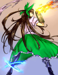 Rule 34 | 1girl, arm cannon, boots, bow, brown hair, female focus, fire, hair bow, highres, long hair, melon22, no wings, red eyes, reiuji utsuho, skirt, smile, solo, touhou, very long hair, weapon