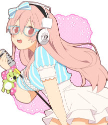 Rule 34 | 1girl, bespectacled, blush, breasts, female focus, glasses, headphones, inumaru (aex31), large breasts, long hair, looking at viewer, microphone, nitroplus, open mouth, pink hair, red eyes, smile, solo, super sonico, thighhighs, vintage microphone