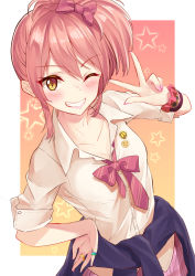 Rule 34 | 1girl, absurdres, blush, bow, bowtie, breasts, cleavage, clothes around waist, collarbone, dress shirt, grin, hair between eyes, hair bow, hand on own hip, highres, idolmaster, idolmaster cinderella girls, jewelry, jougasaki mika, leaning to the side, long hair, looking at viewer, medium breasts, megurumiru, nail polish, one eye closed, pink hair, pink nails, pink skirt, pleated skirt, red bow, ring, school uniform, shirt, sidelocks, skirt, smile, solo, striped, striped bow, sweater, sweater around waist, w, white shirt, wrist cuffs, yellow eyes
