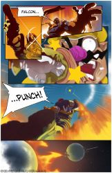 Rule 34 | 2boys, broken tooth, captain falcon, comic, english text, explosion, f-zero, face, facial hair, falcon punch, gloves, hat, helmet, highres, in the face, metalhanzo, multiple boys, mustache, nintendo, punching, scarf, super smash bros., wario, watermark, web address