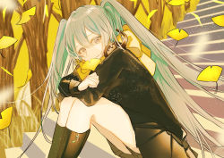 Rule 34 | 1girl, aki miku, autumn, black jacket, black skirt, black socks, bow, brown eyes, closed mouth, commentary request, feet out of frame, ginkgo leaf, green hair, hair between eyes, hatsune miku, headphones, headphones around neck, highres, jacket, juu ame, leaf, pleated skirt, sitting, sitting on stairs, skirt, smile, socks, solo, stairs, stone stairs, two side up, vocaloid, yellow bow