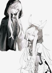 Rule 34 | 1girl, animal ears, apron, black hoodie, closed mouth, dress, expressionless, grey background, greyscale, hair between eyes, highres, hood, hood up, hoodie, long hair, looking at viewer, maid apron, moaomao mo, monochrome, multiple views, nose piercing, nox (path to nowhere), parted lips, path to nowhere, piercing, rabbit ears, simple background, upper body