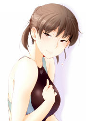 Rule 34 | 1girl, amagami, black eyes, black hair, closed mouth, competition swimsuit, from side, heart, highres, light smile, looking at viewer, one-piece swimsuit, portrait, sasaki akira (ugc), short hair, short ponytail, solo, spoken heart, swimsuit, tsukahara hibiki
