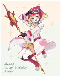 Rule 34 | 1girl, :d, amitie (puyopuyo), birthday, black gloves, blonde hair, blush, boots, dated, film grain, full body, gloves, green eyes, hair between eyes, hat, heart, heart print, highres, holding, holding staff, kashima miyako, knee boots, leg up, long sleeves, open mouth, puyopuyo, red amitie, red hat, short hair, shorts, simple background, smile, solo, sparkle background, staff, turtleneck, v, wide sleeves