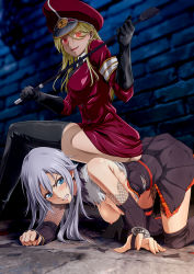 Rule 34 | 2girls, all fours, armband, ass, black footwear, black gloves, black necktie, blonde hair, blue eyes, blush, boots, breasts, cleavage, clenched teeth, dress, elbow gloves, fishnet sleeves, fishnets, fukuro ooji, gloves, grey hair, hair between eyes, high heels, highres, holding, holding riding crop, holding weapon, holding whip, indoors, long hair, medium breasts, multiple girls, necktie, nipples, original, red dress, red eyes, red headwear, riding crop, short dress, sitting, sitting on person, teeth, thigh boots, weapon