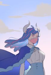 Rule 34 | 1girl, ahoge, blue cape, blue hair, blue skirt, cape, cloud, covered mouth, curled horns, dinosaur girl, evening, horns, jewelry, long hair, mask, mouth mask, multicolored hair, necklace, one piece, outdoors, pink eyes, pink hair, pink mask, raine (acke2445), shirt, shirt tucked in, skirt, solo, streaked hair, ulti (one piece), white shirt
