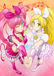 Rule 34 | 10s, 2girls, beamed quavers, blonde hair, blue eyes, boots, bow, brooch, choker, cure melody, cure rhythm, frilled skirt, frills, green eyes, hairband, holding hands, heart, highres, houjou hibiki, jewelry, looking at viewer, magical girl, midriff, minamino kanade, multiple girls, musical note, one eye closed, pink bow, pink hair, pink legwear, ponytail, precure, quaver, ribbon, skirt, smile, suite precure, thighhighs, twintails, wink, yorudo kaoru
