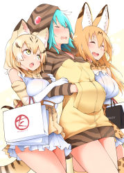 Rule 34 | 10s, 3girls, :d, ^ ^, alternate hair length, alternate hairstyle, animal ear fluff, animal ears, aqua hair, arm hug, bag, blonde hair, blush, breasts, cat ears, cat tail, closed eyes, commentary request, elbow gloves, closed eyes, girl sandwich, gloves, green eyes, hands in pocket, hayashi (l8poushou), highres, hood, hood up, hoodie, kemono friends, large breasts, long hair, multiple girls, aged up, open mouth, orange hair, orange legwear, sand cat (kemono friends), sandwiched, serval (kemono friends), shopping bag, short hair, skirt, smile, tail, thighhighs, tsuchinoko (kemono friends), tsundere, white background, white skirt