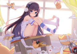 Rule 34 | 1girl, absurdres, asymmetrical legwear, azur lane, black hair, blue eyes, book, camera, can, chinese commentary, chips (food), closed mouth, commentary request, curtains, desk, feet, flying sweatdrops, food, from side, full body, headphones, highres, hugging own legs, indoors, kneehighs, legs, light particles, long hair, long island (azur lane), long island (long island - indoor slacker) (azur lane), looking at viewer, manjuu (azur lane), mismatched legwear, no shoes, off shoulder, official alternate costume, on desk, open book, panties, paper airplane, plant, potato chips, potted plant, school desk, shebaotower, shirt, short sleeves, sitting, socks, striped clothes, striped panties, striped socks, toy airplane, underwear, unworn panties, white shirt, white socks, window