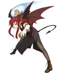 Rule 34 | 1girl, bat wings, demon tail, embodiment of scarlet devil, female focus, head wings, koakuma, pantyhose, pointy ears, red eyes, red hair, simple background, solo, spread legs, standing, tail, torinone, touhou, white background, wings
