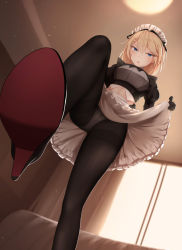 Rule 34 | 1girl, apron, black pantyhose, blonde hair, braid, braided bangs, chinese commentary, clothes lift, commentary, commentary request, english commentary, frilled apron, frills, from below, g36 (girls&#039; frontline), g36 (mod3) (girls&#039; frontline), girls&#039; frontline, green eyes, high heels, indoors, juliet sleeves, lifting own clothes, long sleeves, maid, maid apron, maid headdress, mixed-language commentary, mod3 (girls&#039; frontline), panties, panties under pantyhose, pantyhose, pantyshot, puffy sleeves, shoe soles, short hair, skirt, skirt lift, solo, thighband pantyhose, underwear, upskirt, white apron, white panties, wo you yibei jia wanli