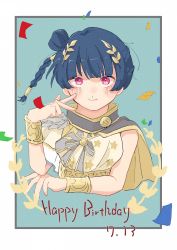 Rule 34 | 1girl, artist name, artist request, blue hair, blush, bow, bowtie, braid, breasts, cape, chain, collar, dress, feathers, female focus, gold chain, gold trim, grey cape, grey collar, hair bun, hair ornament, hand on elbow, hand on own elbow, highres, long hair, looking at viewer, love live!, love live! school idol festival, love live! sunshine!!, parted lips, pink eyes, purple eyes, side bun, single braid, single hair bun, smile, solo, star (symbol), star print, tsushima yoshiko, upper body, v, white dress, white feathers, wrist chain