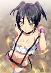 Rule 34 | 1girl, :3, arm behind back, black hair, blouse, breasts, breasts apart, choker, cleaned, cleavage, collarbone, convenient censoring, earrings, foreshortening, from above, gertrude baird, glowing, groin, highres, hisasi, jewelry, looking at viewer, masou gakuen hxh, midriff, navel, neon trim, no bra, parted bangs, purple thighhighs, scan, shirt, short shorts, short twintails, shorts, small breasts, solo, standing, suspenders, thighhighs, twintails, white shirt, wristband, yellow eyes
