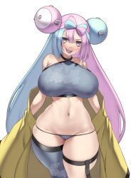 Rule 34 | 1girl, aster crowley, bare shoulders, blue hair, blush, bow-shaped hair, breasts, character hair ornament, collarbone, creatures (company), game freak, grey eyes, grey panties, grey sports bra, grey thighhighs, hair ornament, highres, iono (pokemon), jacket, large breasts, light blue hair, long hair, long sleeves, looking at viewer, low twintails, multicolored hair, navel, nintendo, off shoulder, panties, pink hair, pokemon, pokemon sv, sharp teeth, single thighhigh, sleeves past fingers, sleeves past wrists, smile, solo, split-color hair, sports bra, sweat, teeth, thick thighs, thighhighs, thighs, twintails, underwear, yellow jacket