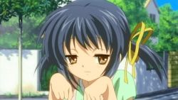 Rule 34 | 00s, 1girl, animated, animated gif, blue hair, brown eyes, clannad, closed eyes, grin, hair ribbon, laughing, lowres, paw pose, ribbon, screencap, smile, solo, sunohara mei, twintails