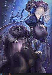 Rule 34 | 1girl, breasts, celeste (granblue fantasy), covered erect nipples, covered eyes, curvy, dress, granblue fantasy, ion (cation), large breasts, long hair, pale skin, puffy sleeves, purple dress, purple hair, solo, thighhighs, veil