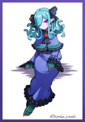 Rule 34 | 1girl, :/, animal feet, animal hands, artist name, ascot, black ascot, black bow, blue hair, bow, capelet, claws, closed mouth, dress, frilled capelet, frilled dress, frilled sleeves, frills, full body, hair bow, hair over one eye, highres, long hair, looking at viewer, monster girl, original, pink eyes, pointy ears, purple capelet, purple dress, scales, simple background, sitting, slit pupils, snake hair, solo, toipokun oyashi, twitter username, white background