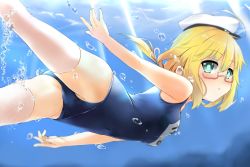 Rule 34 | 10s, 1girl, bad id, bad pixiv id, blonde hair, blush, covered navel, freediving, glasses, hat, highres, i-8 (kancolle), kantai collection, long hair, looking at viewer, one-piece swimsuit, personification, red-framed eyewear, school swimsuit, solo, swimming, swimsuit, thighhighs, toichi, underwater, white thighhighs