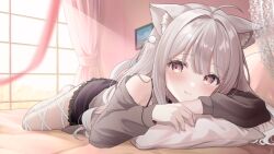 Rule 34 | 1girl, ahoge, animal ear fluff, animal ears, black choker, blunt bangs, blurry, blurry foreground, cat ears, cat girl, cat tail, choker, closed mouth, commission, curtains, day, frilled skirt, frills, full body, grey hair, grey sweater, hair ornament, head on arm, head rest, indie virtual youtuber, indoors, kurage cc, leg ribbon, light blush, long hair, long sleeves, looking at viewer, lying, miniskirt, mole, mole under eye, multicolored eyes, off-shoulder sweater, off shoulder, on bed, on stomach, pillow, pom pom (clothes), pom pom hair ornament, ribbon, single bare shoulder, skeb commission, skirt, smile, solo, spaghetti strap, sunlight, sweater, swept bangs, tail, uise iu, virtual youtuber, window