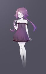 Rule 34 | 1girl, arm at side, arm up, bare shoulders, closed mouth, commentary, dress, full body, grey background, highres, light purple hair, long hair, looking at viewer, original, purple dress, purple hair, purple lips, shari cote, simple background, sleeveless, sleeveless dress, solo, standing