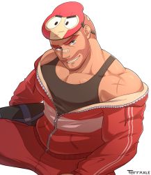 Rule 34 | 1boy, bandaid, bandaid on face, bandaid on nose, bara, bare shoulders, beard, black tank top, brawl stars, buzz cut, character request, cross scar, facial hair, feet out of frame, from above, highres, large pectorals, male focus, mask, mask on head, mature male, muscular, muscular male, mustache, off shoulder, orange hair, partially unzipped, pectoral cleavage, pectorals, personification, scar, short hair, sidepec, solo, tank top, terraxle, very short hair, zipper