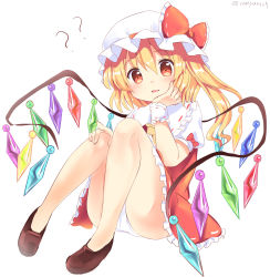 Rule 34 | 1girl, ?, artist name, ascot, ass, bare legs, blonde hair, blush, bow, brown footwear, commentary request, crystal, flandre scarlet, frilled bow, frilled shirt collar, frills, hair between eyes, hand on own cheek, hand on own face, hat, hat bow, highres, knees up, long hair, looking at viewer, miniskirt, mob cap, one side up, open mouth, panties, pantyshot, puffy short sleeves, puffy sleeves, ramudia (lamyun), red bow, red eyes, red skirt, red vest, shirt, shoes, short sleeves, sitting, skirt, skirt set, solo, thighs, touhou, twitter username, underwear, vest, white hat, white panties, white shirt, wings, wrist cuffs, yellow ascot