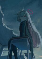 Rule 34 | 1girl, black hairband, black jacket, black pantyhose, black skirt, blue archive, braid, closed mouth, cloud, commentary request, desk, doran (dorannomai), feet out of frame, from side, grey eyes, grey hair, hair over one eye, hair ribbon, hairband, halo, highres, jacket, long hair, looking to the side, night, night sky, on desk, outdoors, pantyhose, plana (blue archive), pleated skirt, ribbon, school desk, single braid, sitting, on desk, skirt, sky, solo, star (sky), starry sky, very long hair, white ribbon
