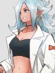 Rule 34 | 1girl, android 21, black choker, blue eyes, blue hair, breasts, choker, cleavage, collarbone, colored skin, dragon ball, dragon ball fighterz, earrings, grey background, hoop earrings, jewelry, kemachiku, lab coat, light persona, long hair, long sleeves, looking away, majin android 21, medium breasts, navel, red ribbon army, red skin, simple background, smile, solo