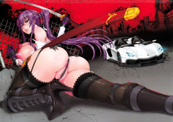 Rule 34 | 1girl, anus, ass, bare shoulders, black thighhighs, blue eyes, boots, breasts, building, busujima saeko, cameltoe, car, city, fei (maidoll), fence, floating hair, from behind, garter straps, gloves, groin, hair ribbon, half-closed eyes, high heel boots, high heels, high ponytail, highres, highschool of the dead, hip focus, holding, holding sword, holding weapon, huge ass, huge breasts, katana, lamborghini, lips, lipstick, long hair, looking back, lying, makeup, motor vehicle, nipples, on stomach, outdoors, parted lips, pink lips, ponytail, purple gloves, purple hair, pussy, ribbon, sash, sidelocks, sweat, sword, thick thighs, thighhighs, thighs, thong, torn clothes, uncensored, vehicle, weapon, wedgie, wide hips