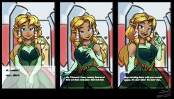 Rule 34 | 1girl, absurdres, alternate hairstyle, blonde hair, blue eyes, breasts, commentary, dark skin, dark-skinned female, dress, elbow gloves, english commentary, english text, fake screenshot, genderswap, genderswap (mtf), gloves, gown, green dress, green gloves, hair ribbon, highres, ian samson, jewelry, link, long hair, low ponytail, medium breasts, necklace, nintendo, pointy ears, ribbon, sidelocks, solo, text focus, the legend of zelda, visual novel
