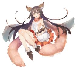 Rule 34 | 10s, 1girl, absurdres, animal ears, aster (granblue fantasy), bare shoulders, black hair, blush, bow (weapon), breasts, brown eyes, commentary request, crossbow, erune, full body, gi (melmail), granblue fantasy, highres, long hair, looking at viewer, open mouth, scarf, sideboob, skirt, small breasts, solo, weapon