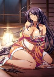 Rule 34 | 1girl, antenna hair, bare shoulders, breasts, brown eyes, cleavage, ikkitousen, japanese clothes, kan&#039;u unchou, kimono, large breasts, long hair, parted lips, purple hair, smile, solo, standing, tagme, very long hair