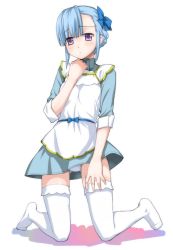 Rule 34 | 10s, 1girl, apron, blue hair, fin e ld si laffinty, kneeling, panties, pantyshot, parted bangs, purple eyes, rinne no lagrange, skirt, sleeves rolled up, solo, thighhighs, underwear, upskirt, white thighhighs, yaya hinata