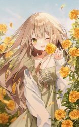 Rule 34 | 1girl, :d, blue sky, blush, brown hair, cardigan, cloud, cloudy sky, collarbone, cowboy shot, day, dress, falling petals, flower, green dress, green eyes, hair between eyes, hair ornament, hairclip, highres, holding, holding flower, long hair, looking at viewer, marigold, off shoulder, one eye closed, open cardigan, open clothes, open mouth, original, outdoors, petals, plant, raised eyebrows, sidelocks, sky, sleeve cuffs, sleeves past wrists, smile, solo, straight hair, sundress, weri, white cardigan, yellow flower