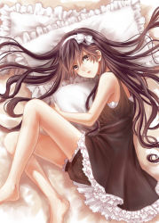 Rule 34 | 1girl, akano sakura, bad id, bad pixiv id, barefoot, black dress, black hair, black shorts, bow, brown eyes, dress, frilled pillow, frills, from above, hair bow, indoors, long hair, looking at viewer, lying, hugging object, on side, original, pillow, pillow hug, shorts, shorts under dress, solo, white bow