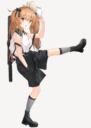 Rule 34 | 1girl, :o, aged down, bag, black bow, black footwear, black shorts, blush, boots, bow, brown eyes, brown hair, collared shirt, dduck kong, full body, girls&#039; frontline, grey background, grey socks, gun, h&amp;k ump, hair between eyes, hair bow, hair ornament, highres, holding, holding mask, kneehighs, leaning, leg up, long hair, looking at viewer, mask, official alternate costume, open mouth, pouch, scar, scar across eye, scar on face, shirt, shorts, shoulder bag, simple background, sleeveless, sleeveless shirt, smile, socks, solo, submachine gun, suspender shorts, suspenders, twintails, ump9 (girls&#039; frontline), ump9 (shiba investigator) (girls&#039; frontline), weapon, white shirt
