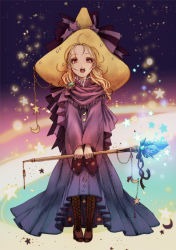 Rule 34 | 1girl, bad id, bad pixiv id, black mage (final fantasy), blonde hair, boots, commentary request, final fantasy, final fantasy v, hat, krile mayer baldesion (ff5), long hair, open mouth, robe, solo, staff, witch hat
