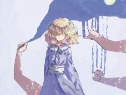 Rule 34 | 1girl, blonde hair, buttons, closed eyes, closed mouth, colored eyelashes, dress, facing viewer, grey background, light smile, maribel hearn, medium hair, nama udon, purple dress, solo, touhou, wide sleeves