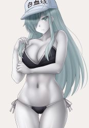 Rule 34 | &gt;:(, 1girl, bare arms, bare shoulders, black bra, black panties, bra, breasts, cleavage, closed mouth, clothes writing, collarbone, colored skin, flat cap, frown, gluteal fold, grey background, grey eyes, grey skin, hair over one eye, hand up, hat, hataraku saibou, hataraku saibou black, highres, kazenokaze, large breasts, lifting own clothes, looking at viewer, navel, panties, side-tie panties, silver hair, simple background, solo, strap lift, thigh gap, u-1196, underwear, underwear only, v-shaped eyebrows, white blood cell (hataraku saibou), white hat, white skin