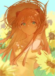 Rule 34 | 1girl, absurdres, bare arms, bare shoulders, blue eyes, blue sky, day, dress, expressionless, flower, grass, hair between eyes, tucking hair, hairpods, hand up, hat, highres, long hair, looking at viewer, neon genesis evangelion, orange hair, outdoors, que liu, shade, sky, solo, souryuu asuka langley, straw hat, sun hat, sundress, sunflower, two side up, upper body, wind, yellow dress, yellow flower