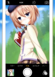 Rule 34 | 1girl, absurdres, blanc (neptunia), blue eyes, blush, book, bow, bowtie, breasts, brown bow, brown bowtie, brown hair, brown skirt, camera, cardigan, cellphone, day, from side, hair between eyes, haru blanc0316, head tilt, highres, holding, holding book, looking at viewer, neptune (series), nose blush, outdoors, parted lips, phone, plaid, plaid bow, plaid bowtie, plaid neckwear, plaid skirt, school uniform, short hair, skirt, small breasts, smartphone, solo, standing, viewfinder