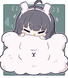 Rule 34 | 1girl, ahoge, animal ears, blue archive, blunt bangs, blush stickers, chibi, closed eyes, fake animal ears, grey halo, halo, heart, hime cut, holding, long hair, miyu (blue archive), no nose, open mouth, straight hair, umihio