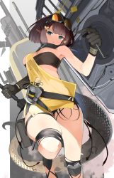 Rule 34 | 1girl, absurdres, arknights, black gloves, black shorts, black tube top, blue eyes, bottle, breasts, brown hair, eunectes (arknights), female focus, flower, gloves, goggles, goggles on head, highres, holding, holding shield, large breasts, micro shorts, onkyi, open mouth, see-through, shield, shirt, short hair, shorts, snake tail, solo, strapless, tail, tube top, undersized clothes, yellow flower, yellow shirt