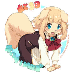 Rule 34 | 1girl, :d, animal ears, blonde hair, blue eyes, blush, body fur, bow, bowtie, commentary request, cowboy shot, dog, dog ears, dog girl, dog tail, furry, furry female, gem, kishibe, long sleeves, looking at viewer, open mouth, original, red bow, simple background, smile, snout, solo, tail, translation request, white background