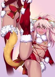 Rule 34 | 1girl, alternate color, ass, breasts, chloe von einzbern, cleft of venus, commentary request, cosplay, dark-skinned female, dark skin, elbow gloves, fang, fate/grand order, fate/kaleid liner prisma illya, fate (series), flexible, fur-trimmed gloves, fur-trimmed legwear, fur trim, gloves, halloween costume, highres, leg lift, leg up, long hair, looking at viewer, mash kyrielight, mash kyrielight (dangerous beast), mash kyrielight (dangerous beast) (cosplay), multiple views, navel, orange eyes, pink hair, red gloves, red thighhighs, shiny skin, small breasts, split, standing, standing on one leg, standing split, tail, tattoo, thighhighs, tsurugi ai (seikan hitchhiker), wolf tail, yellow tail
