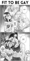 Rule 34 | 1boy, 2girls, 2koma, abs, absurdres, band shirt, biceps, blush, breasts, choker, cleavage, comic, commentary, english commentary, english text, eye contact, greyscale, grs-, hand on own hip, heart, heart-shaped pupils, height difference, highres, kabedon, large breasts, locker, locker room, long hair, looking at another, looking down, looking up, medium hair, merchandise, midriff, monochrome, multiple girls, muscular, muscular female, my chemical romance, navel, original, ponytail, raised eyebrow, right-to-left comic, screentones, short hair, speech bubble, sports bra, sportswear, symbol-shaped pupils, tall, tall female, tank top, yuri