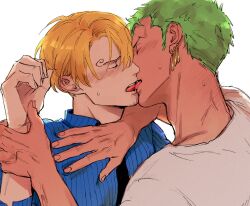 Rule 34 | 2boys, black necktie, blonde hair, blue shirt, closed eyes, colored skin, earrings, flustered, french kiss, green hair, highres, holding another&#039;s wrist, jewelry, kiss, kzwtr8, male focus, mature male, multiple boys, necktie, one piece, roronoa zoro, sanji (one piece), shirt, tan, teeth, upper teeth only, white shirt, white skin, yaoi