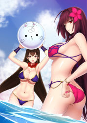 Rule 34 | adjusting clothes, adjusting swimsuit, arms up, ass, ball, beachball, bikini, blue sky, breasts, brown hair, cleavage, day, dutch angle, earrings, fate/grand order, fate (series), flower, from behind, hair flower, hair ornament, hoop earrings, jewelry, large breasts, lintanghaseo, long hair, looking at viewer, looking back, nail polish, navel, necklace, outdoors, purple hair, red eyes, scathach (fate), scathach (fate), scathach (swimsuit assassin) (fate), sideboob, sky, string bikini, swimsuit, wading, wet, xuangzang sanzang (fate)