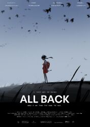 Rule 34 | 1girl, absurdres, backpack, bag, black hair, character name, commentary, day, dress, english commentary, english text, field, floating hair, flute, from side, grass, highres, holding, holding instrument, instrument, kaai yuki, kyoufuu all back (vocaloid), movie poster, outdoors, profile, randoseru, recorder, red bag, red dress, roitz ( roitz ), shirt, short sleeves, sky, solo, standing, twintails, vocaloid, white shirt, wide shot, wind